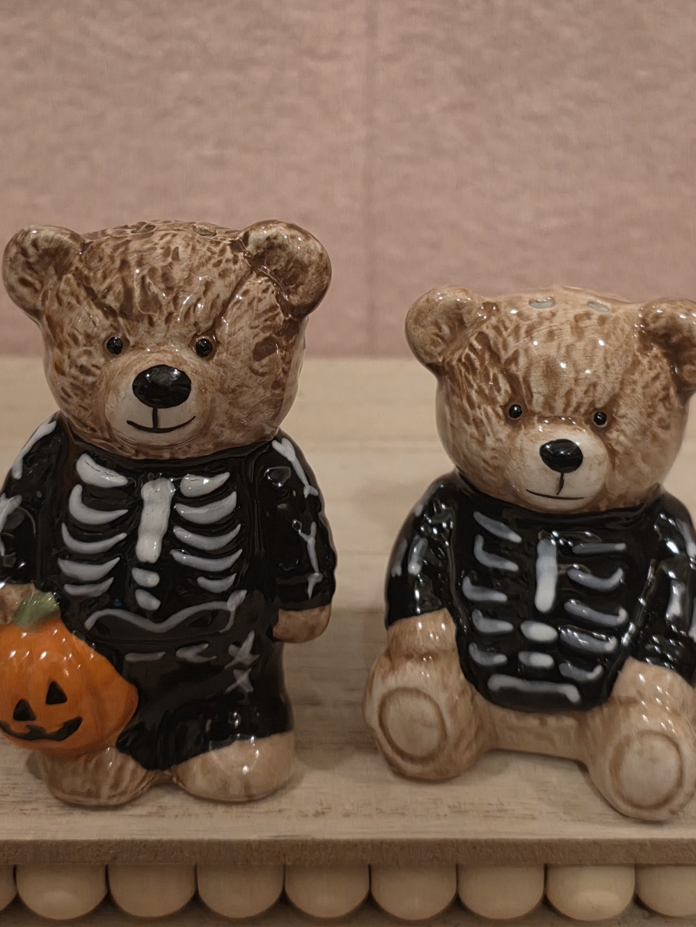 Creepy Critters Ceramic Halloween Teddy Bear Skeleton Salt and Pepper Shakers